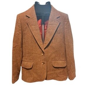 Vintage Union US Made 100% Brown Wool Tweed Herringbone Blazer Women 10 fits SM